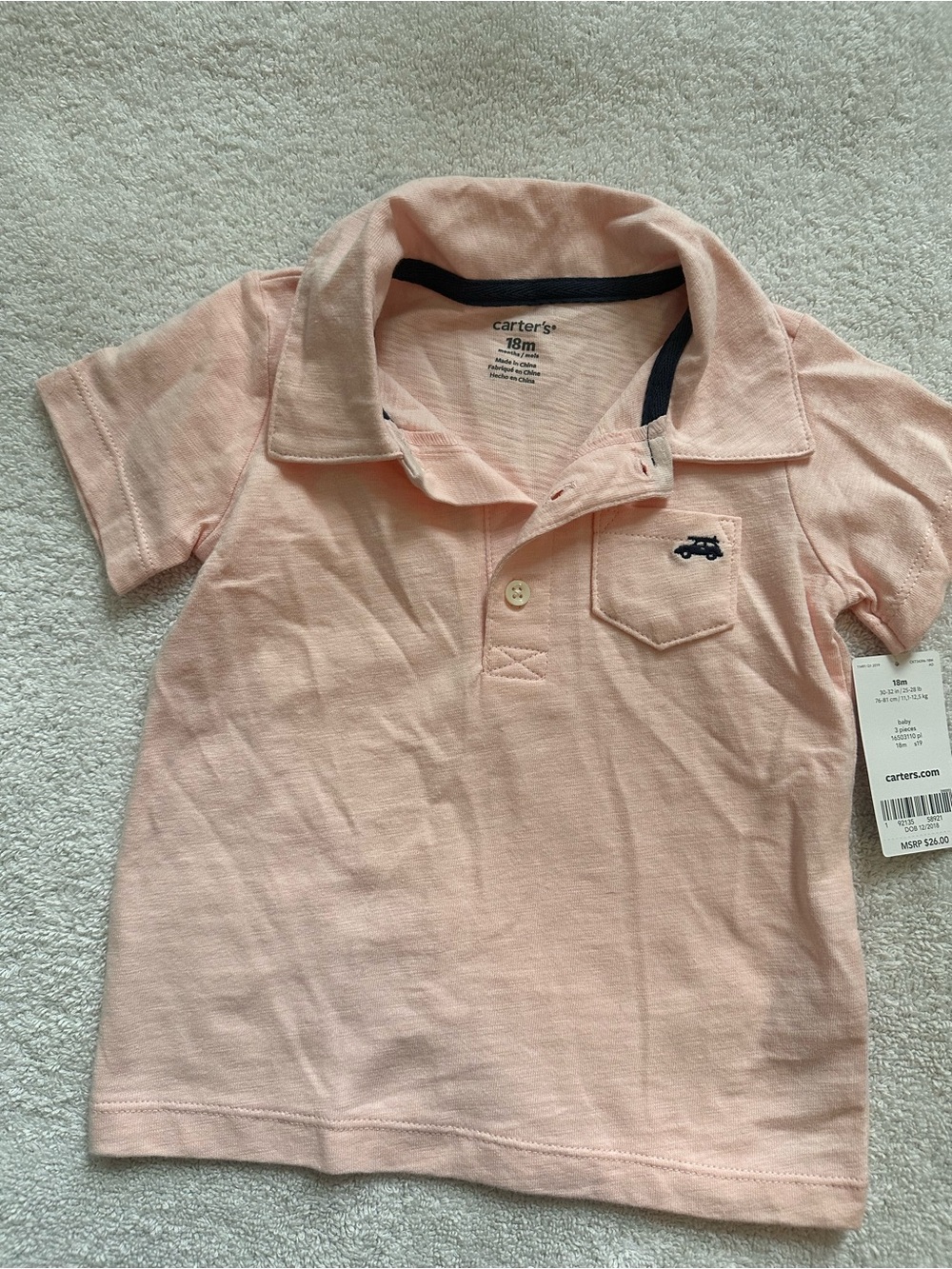 Carter's Light Pink Toddler Polo with Mini Car Embroidery